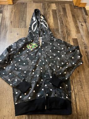 Bape Black/Grey Camo Shark Zip-Up Hoodie with White Polka Dots